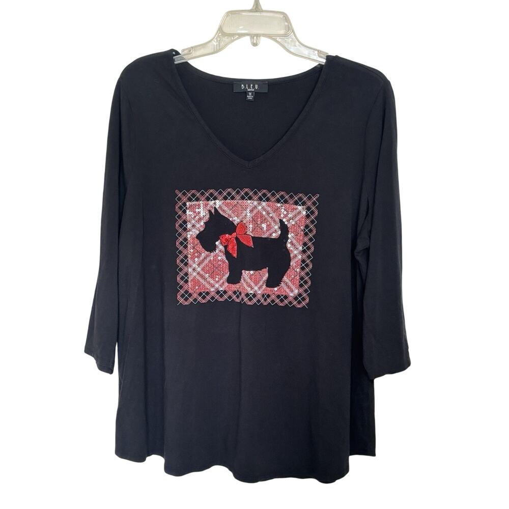 Scottie Dog Black 3/4 Sleeve Red Sequin Top Size 1x Cotton Modal Stretch